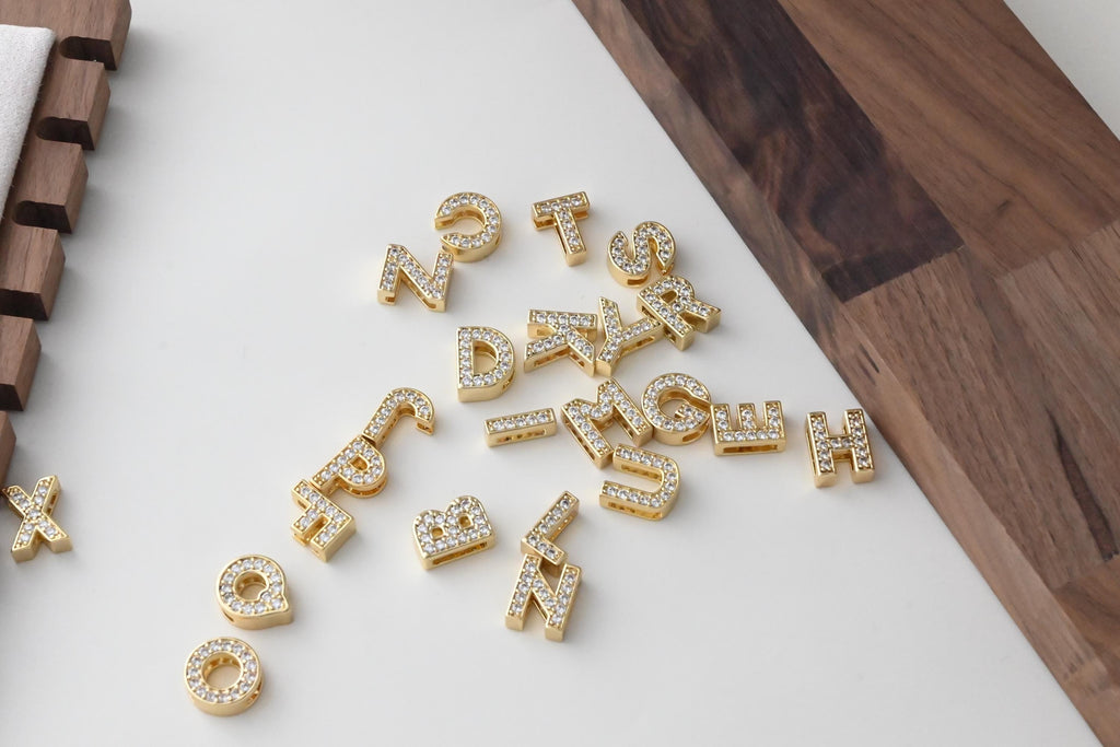 18K Gold Alphabet Letter Beads, CZ Initial Beads, Letter Charms, Double-sided hollowing, Letter Inital beads, For Necklace Bracelet  S1396