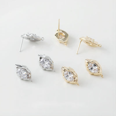 Irregular Zirconia Earring Post, 14K Gold/Silver, S925 Silver Pin Nickel Free Earrings, Eye Shape Ear Stud with Loop GE015