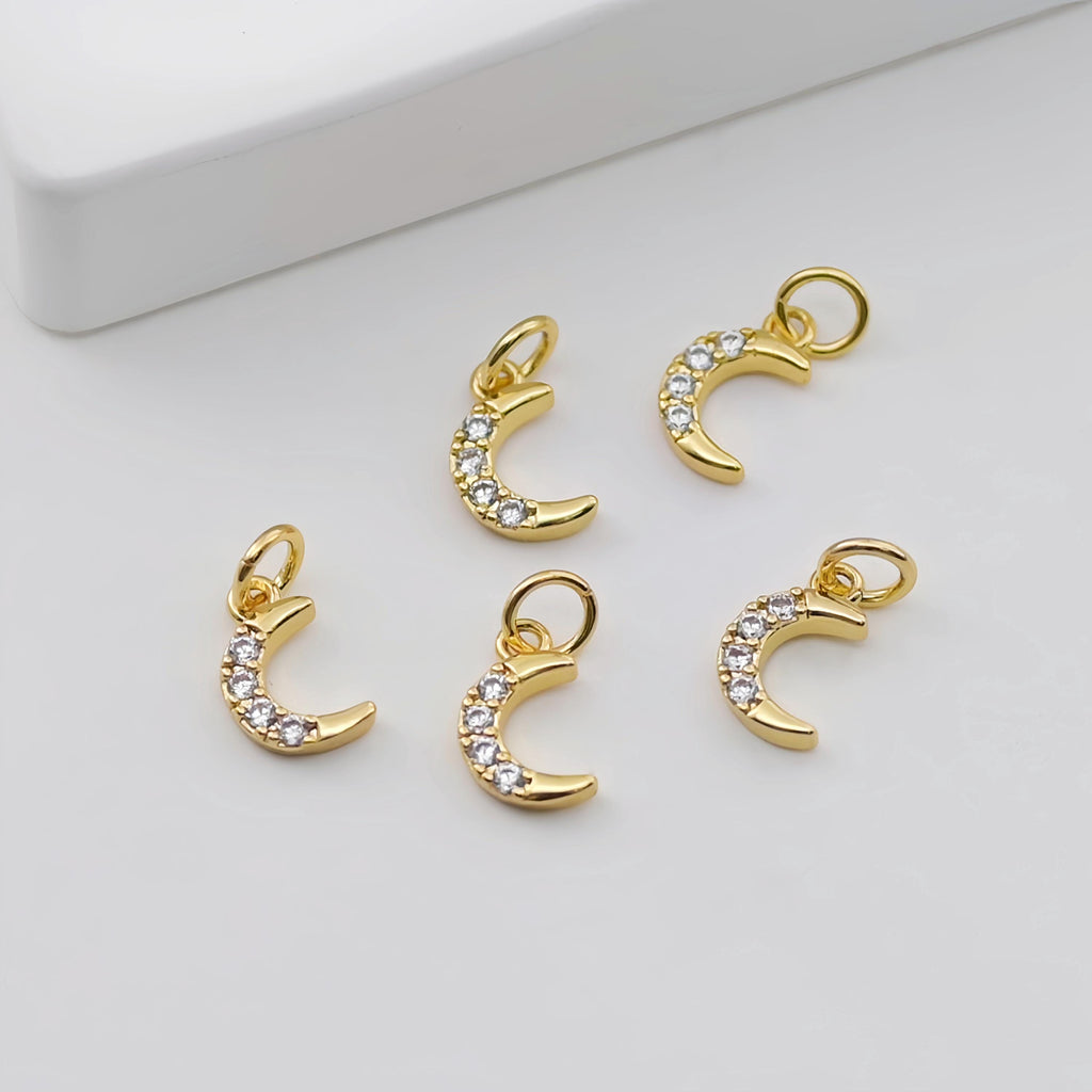 Tiny Cubic Crescent Moon Charm, Windmill Charm, 18K Gold Plated Pendant, Clear Micro CZ Pave, Jewelry Findings S20641