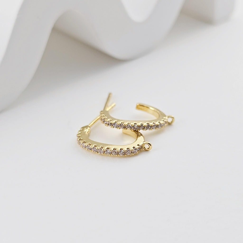 C Shape Ear Post, Nickel Free, CZ Pave, 18.9*16.4mm, 18K Gold Plated Stud Earring Finding D0277