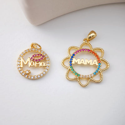 Gold Sun Mama Pendant, Sun Mom Pave Charm, 18K Gold Plated Brass, Necklace Making Charm, Jewelry Findings S1130