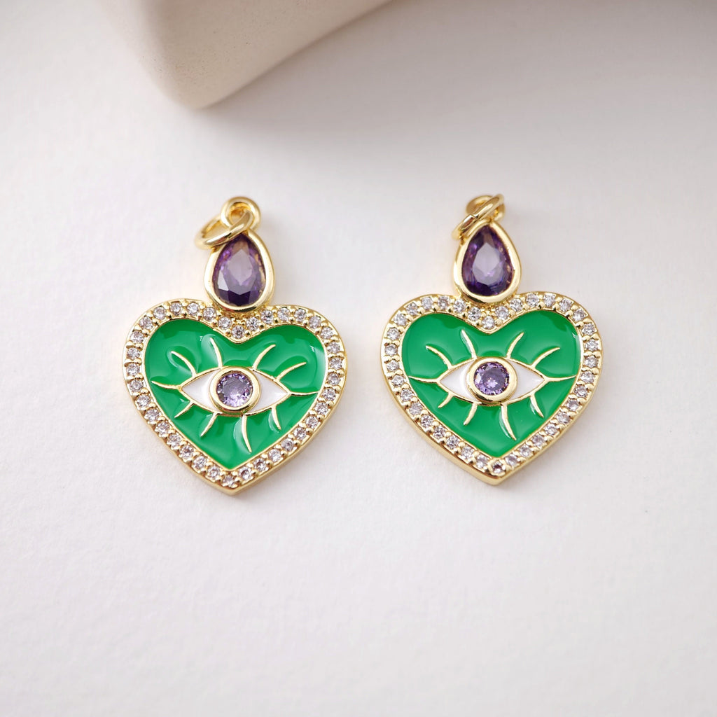 Heart Shape Evil Eye Charm, 18K Gold Plated Micro CZ Pave Enamel Eye Pendant, Necklace Making Charm, Jewelry Findings S1199