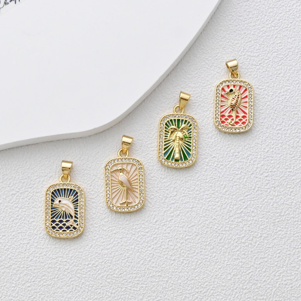 Rectangular Card Charm, Enamel Pendant, 18K Gold Plated, CZ Pave Pendant, Planet Pendant, Necklace Making Charm, Jewelry Findings S1360