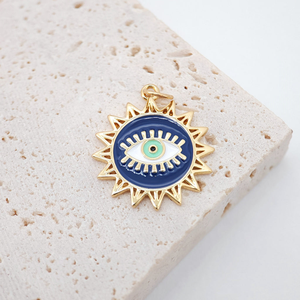 Dark Blue Enamel Evil Eye Charm, 18K Gold Plated Sun Eye Pendant, 19mm, Necklace Making Charm, Jewelry Findings S1073