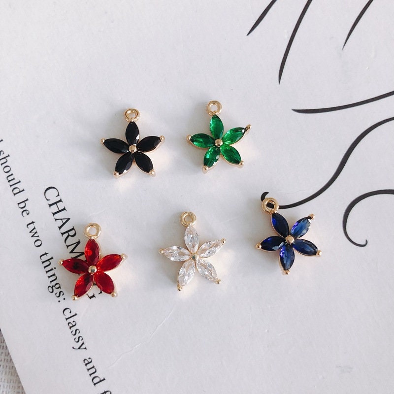 4 colgantes de flor con circonita cúbica, chapados en oro auténtico, accesorios de joyería MY077-F018