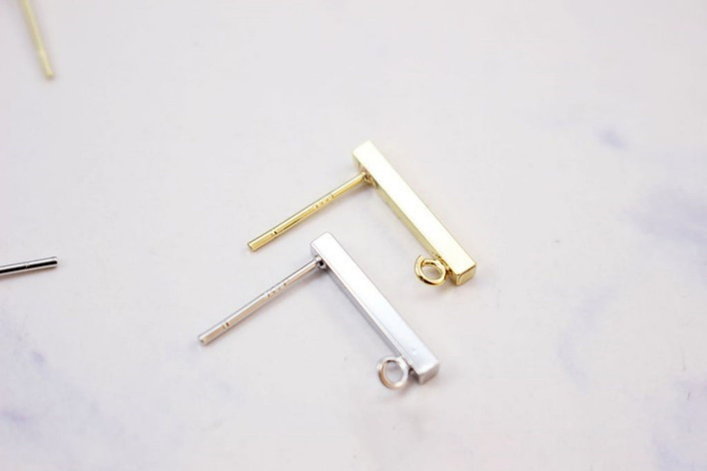 10pcs Rectangular Mini Ear Post with Loops, S925 Silver Ear Pin, Nickel Free, 18K Gold/ Silver Plated Stud Earring Finding GZ201