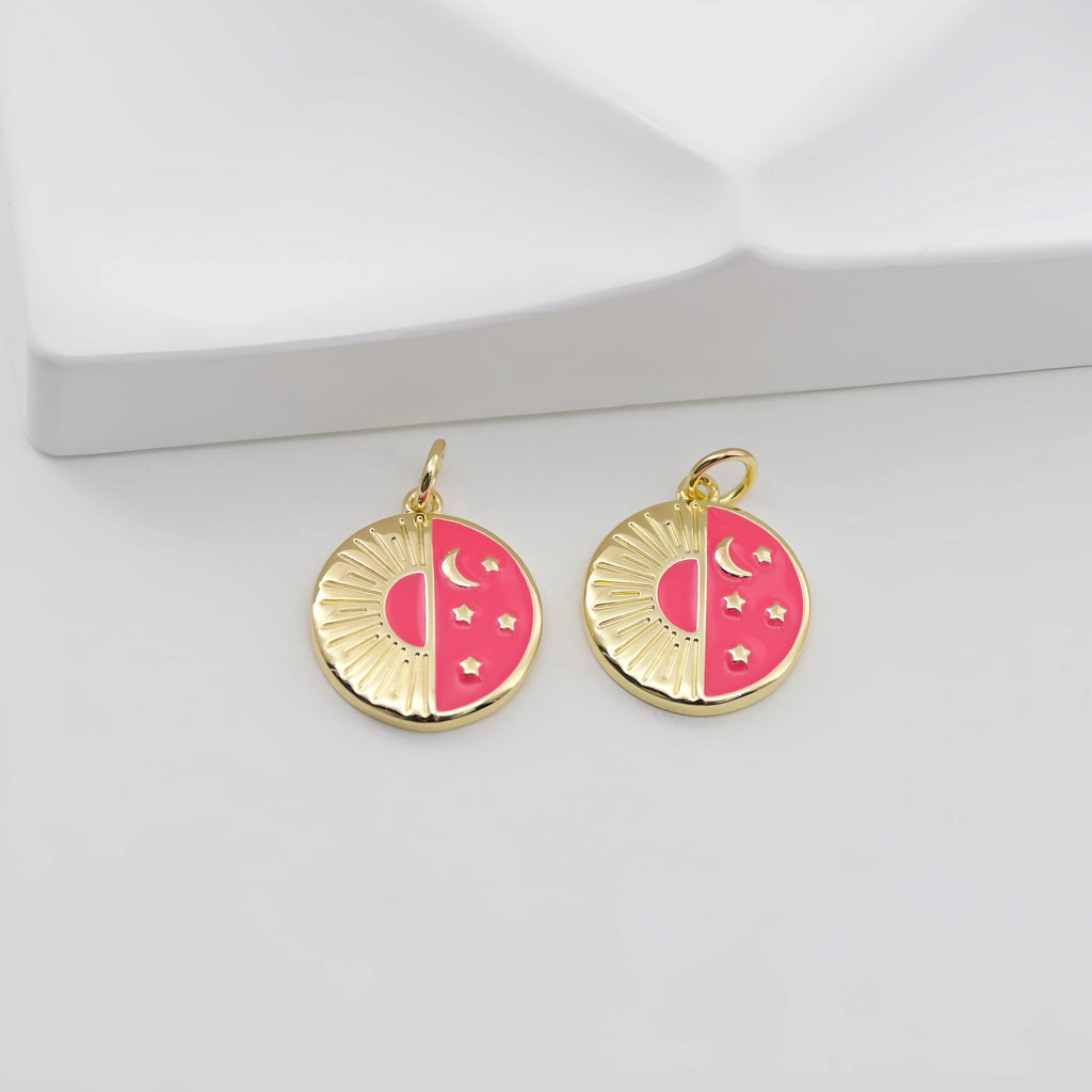 Enamel Cubic Moon & Star Charm, 18K Gold Plated Multicolor Pave Round Pendant, Necklace Making Charm, Jewelry Findings S20769