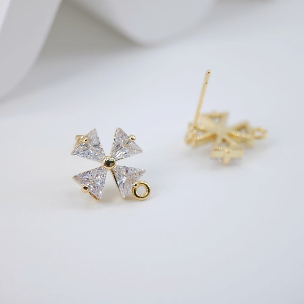 Cubic Zirconia Flower Post Earrings, Gold Plated Earring Post with Loop, Hypoallergenic, Handmade Earring Finding,DIY Earring Supplies D0035
