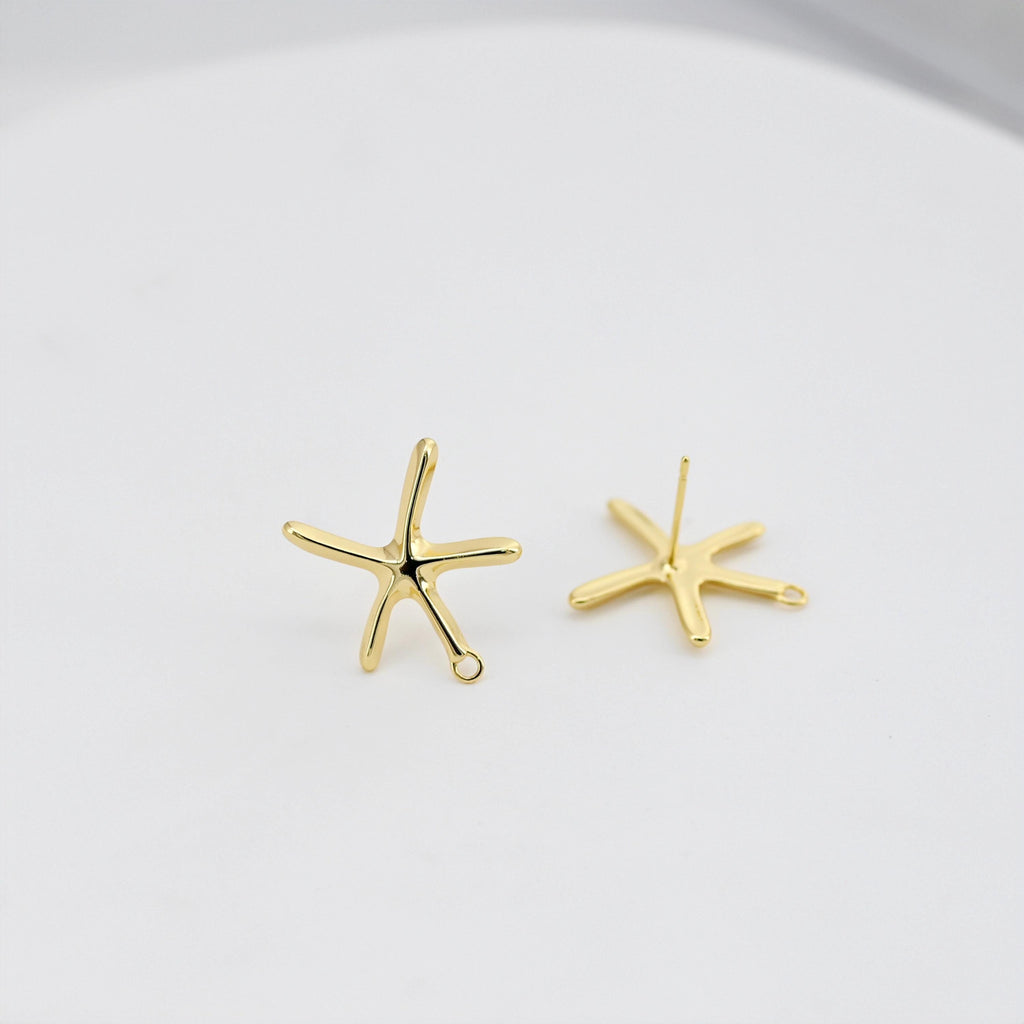 18K Gold Starfish Earring Post, S925 Silver Pin Nickel Free Earrings, Starfish Shape Ear Stud with Loop D0348