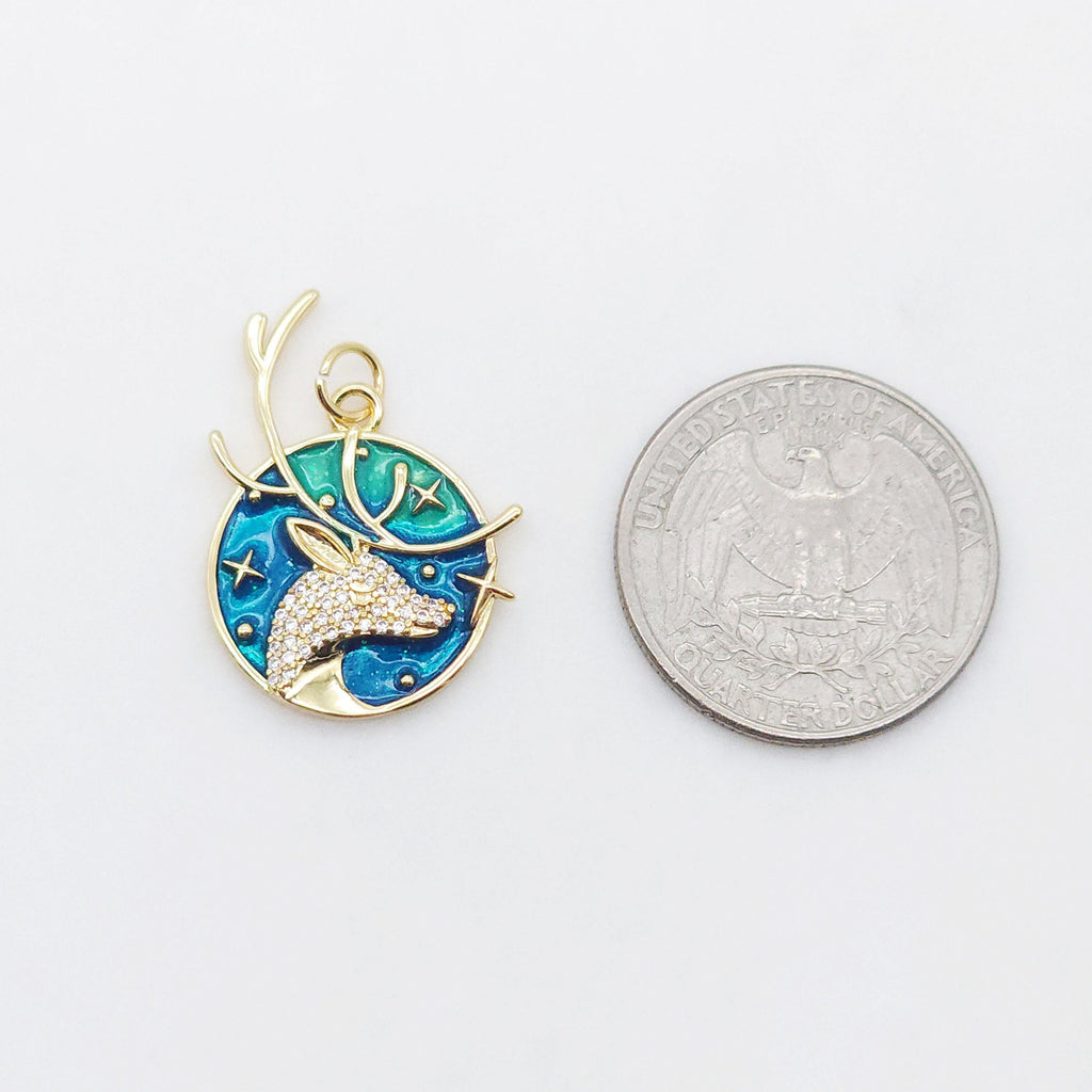 Enamel Round Deer Antler Charms, Sun, North Star, Malachite Blue Moose Pendant, 18K Gold Plated, Necklace Making Charms, Jewelry Findings