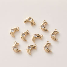 Load image into Gallery viewer, CZ Pave Moon⨯ Charm, Cubic Zircon Crystal Pendant, CZ Earring Charms,  Real Gold Plated Brass Earring Charms, Jewelry Findings GZ395