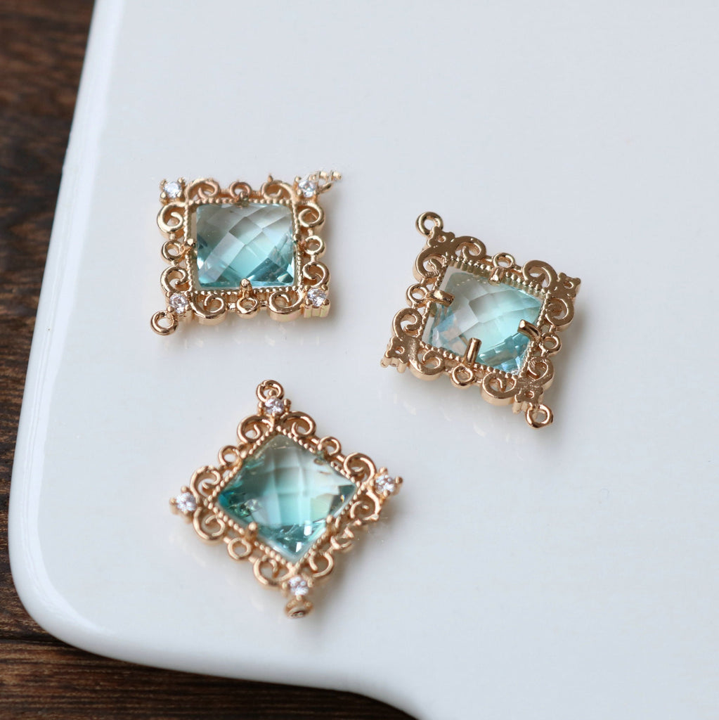 Rhombus Shaped Crystal Pendant, Glass Charm, 14K Gold Plated, CZ Pave, Jewelry Making Findings HL039-F240