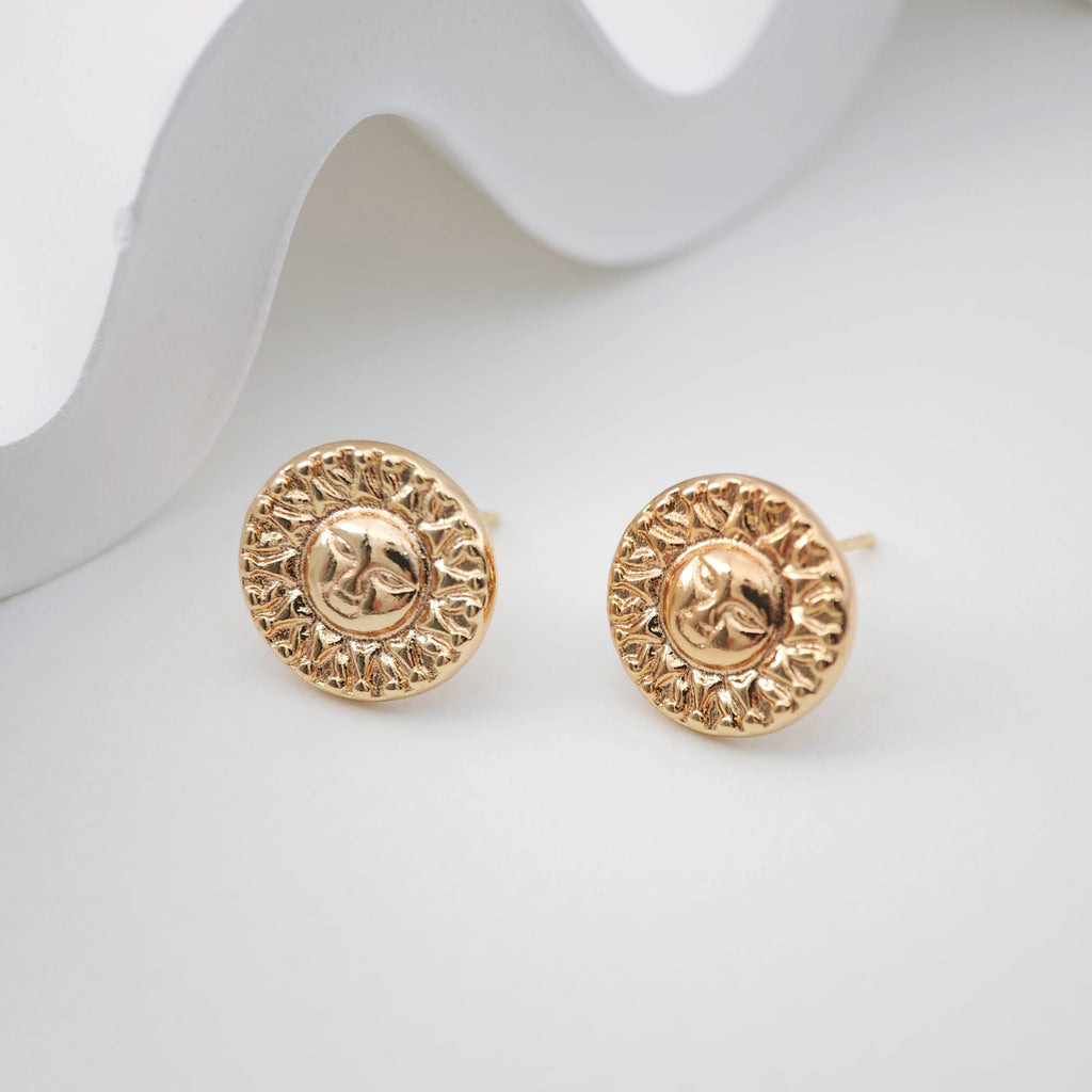Sun Face Earring Post, 18K Gold Plated Stud Earring With Loop, Sunshine Ear Studs, Earring Finding ZX203