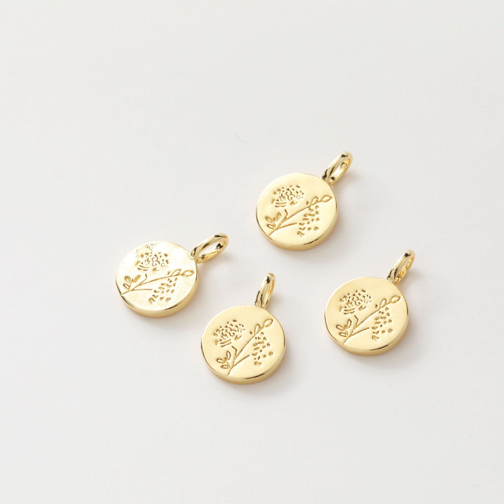 Flower Charm On Round Shape, 18K Gold/Silver Plated, Flower Pendant, Necklace Earring Making Charms, 18mm, Jewelry Findings JH022