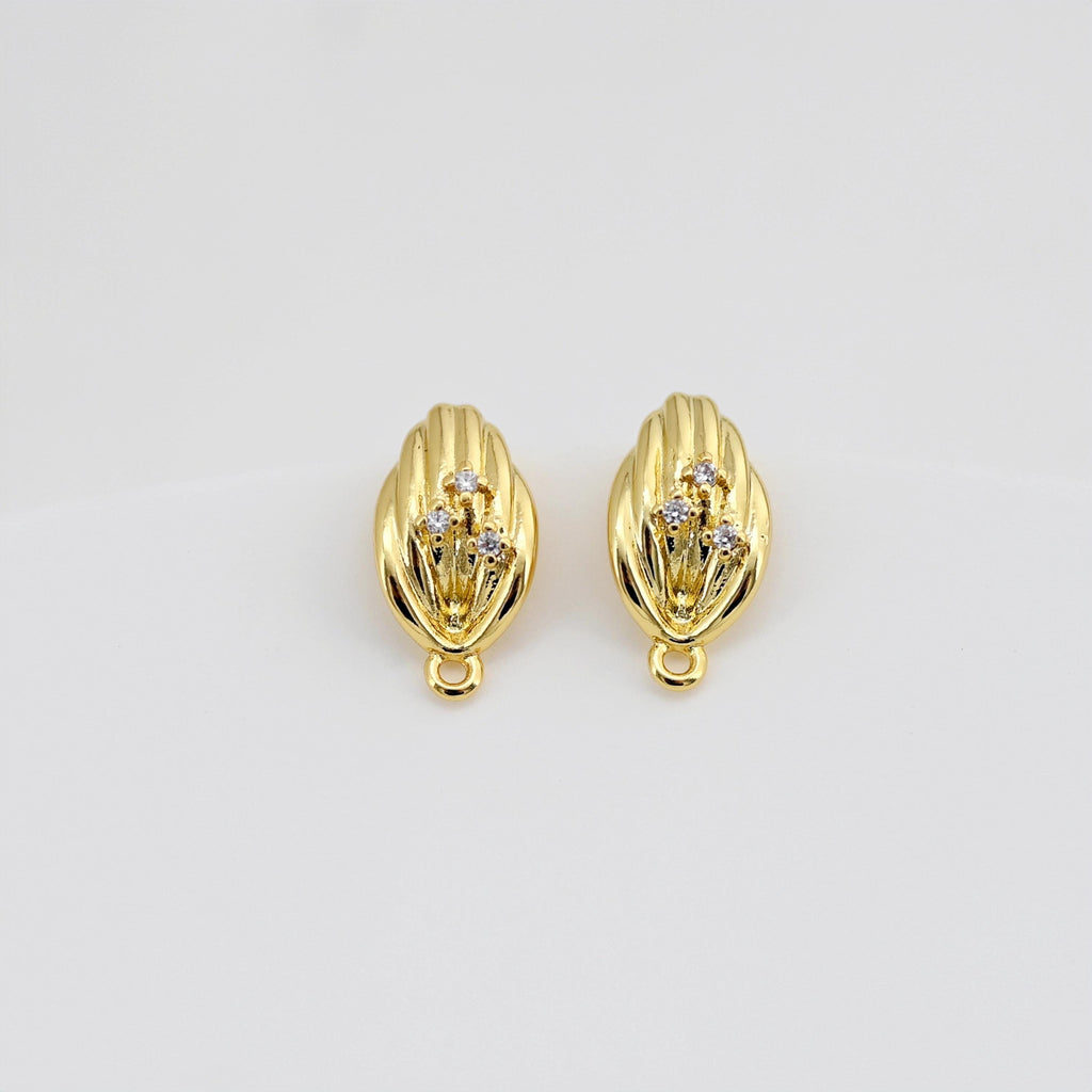 Poste para pendientes de hoja, pendiente de botón de latón chapado en oro auténtico de 18 quilates con aro, pavé de circonitas, pasador de plata S925, sin níquel, fornitura para pendientes D0438