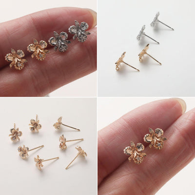 Cubic Zirconia Flower Post Earrings, Gold Plated Earring Post with Loop, Hypoallergenic, Handmade Earring Finding,DIY Earring Supplies GZ766