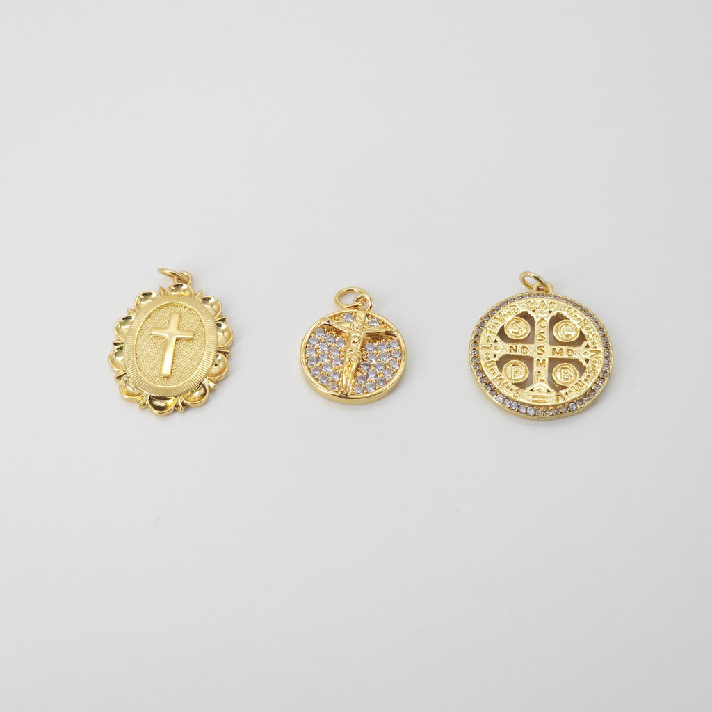 Cross Charm, Coin Pendant, Jesus Charm, 18K Gold Plated CZ Pave Religions Pendant, Necklace Making Charm, Jewelry Findings S20831