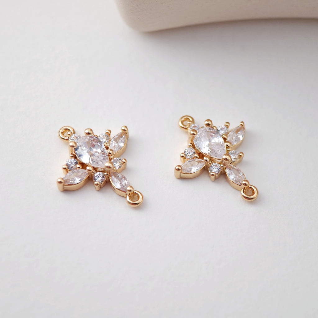 CZ Pave Leaf Charm, Cubic Pendant, Earring Connectors, Real Gold Plated Brass Earring Charms, Jewelry Findings D0068