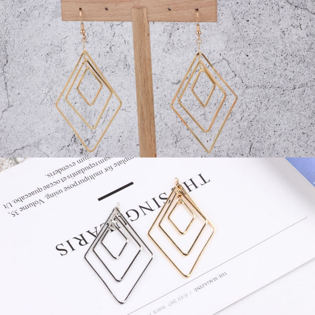 Drop Triple Diamond Shape Pendant, 18K Shiny Gold/Silver Plated Drop Openwork Pendant 40x66mm for Jewelry Making Supply QR038