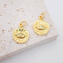 Load image into Gallery viewer, Evil Eye Charms, Evil Eye CZ Pave Pendant, 18K Gold Plated Round Charms, Necklace charms, Jewelry Findings S649