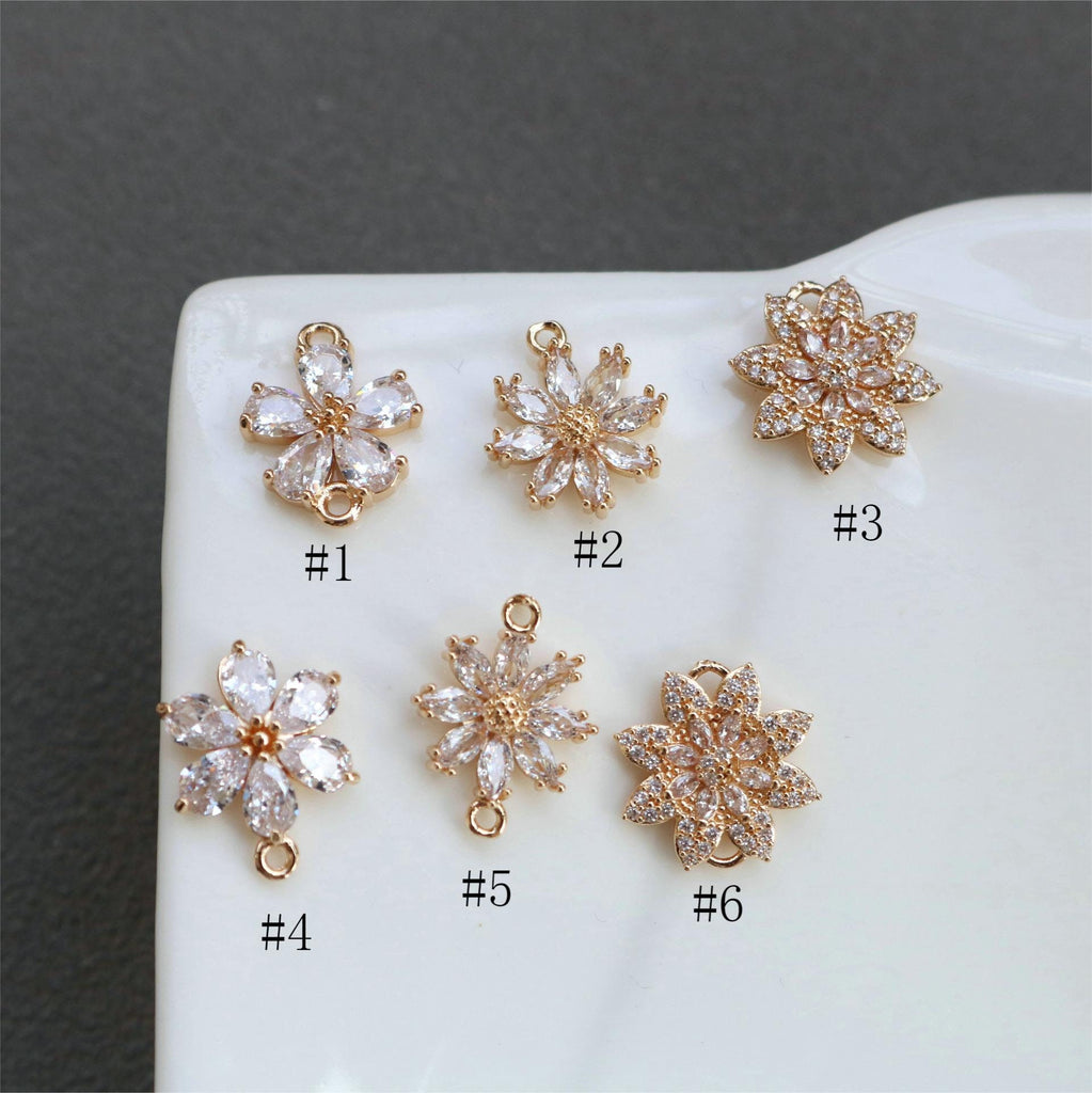 Sun Flower Charm, Cubic Zircon Crystal Flower Pendant, CZ Earring Charms,  Gold Plated Brass Earring Charms, Jewelry Findings HL014-F179