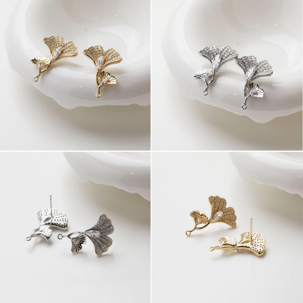 Maple Leaf Earrings Post With Loop, S925 Silver Ear Pin, Nickel Free Earrings, CZ Pave Ear Stud, Hypoallergenic Earring Findings GZ718