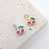 2PCS 9x8mm Red Cherry Charms, 18K Gold Plated Cubic Pave Charms, Fruit Pendant,  Necklace charms, Jewelry Findings S627