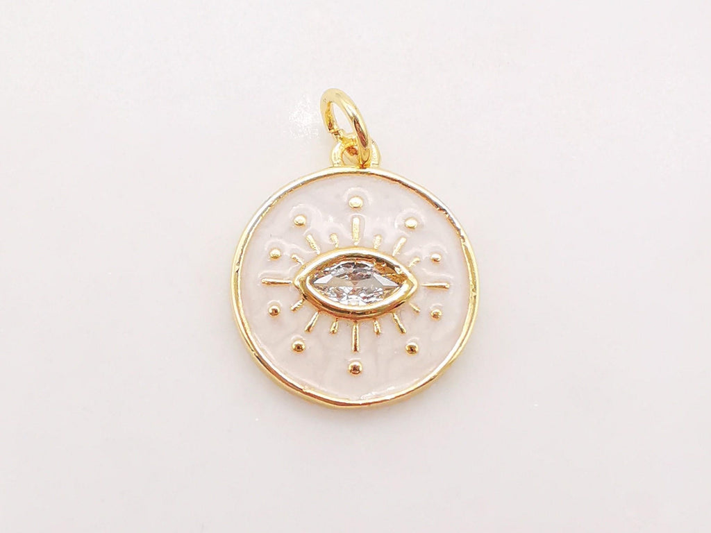 Enamel Cubic Evil Eye Charm, 18K Gold Plated Micro CZ Pave Round Pendant, 15mm, Necklace Making Charm, Jewelry Findings S128