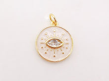 Load image into Gallery viewer, Enamel Cubic Evil Eye Charm, 18K Gold Plated Micro CZ Pave Round Pendant, 15mm, Necklace Making Charm, Jewelry Findings S128