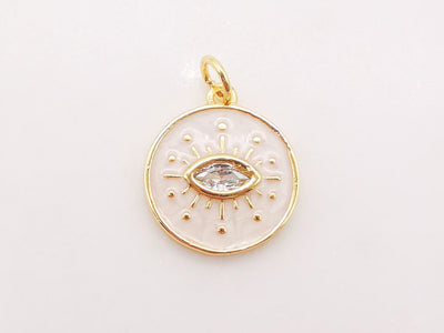 Enamel Cubic Evil Eye Charm, 18K Gold Plated Micro CZ Pave Round Pendant, 15mm, Necklace Making Charm, Jewelry Findings S128