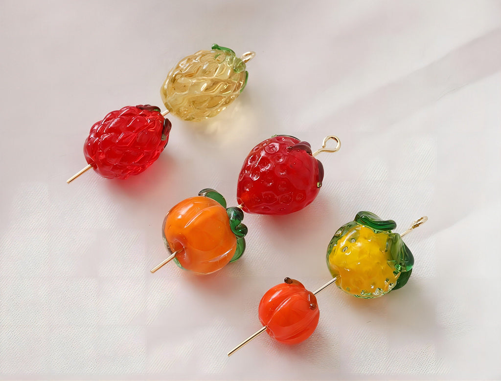 5pcs Fruit Beads Persimmon Raspberry Orange Pineapple, Glazed Loose Beads for Jewelry Making, DIY Beads Finding GZ042