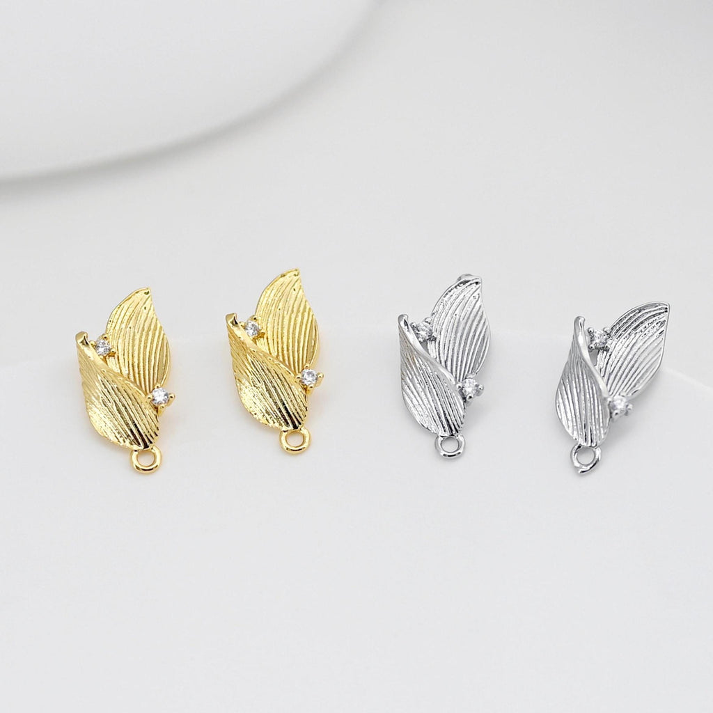 Poste para pendientes de hoja, pendiente de botón de latón chapado en oro auténtico de 18 quilates con aro, pavé de circonitas, pasador de plata S925, sin níquel, fornitura para pendientes D0435