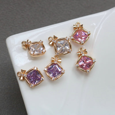 10pcs- Bow Diamond Crystal Charms, 14K Gold Plated Glass Pendant, 13.5*18mm, Jewelry Findings HL063-F144