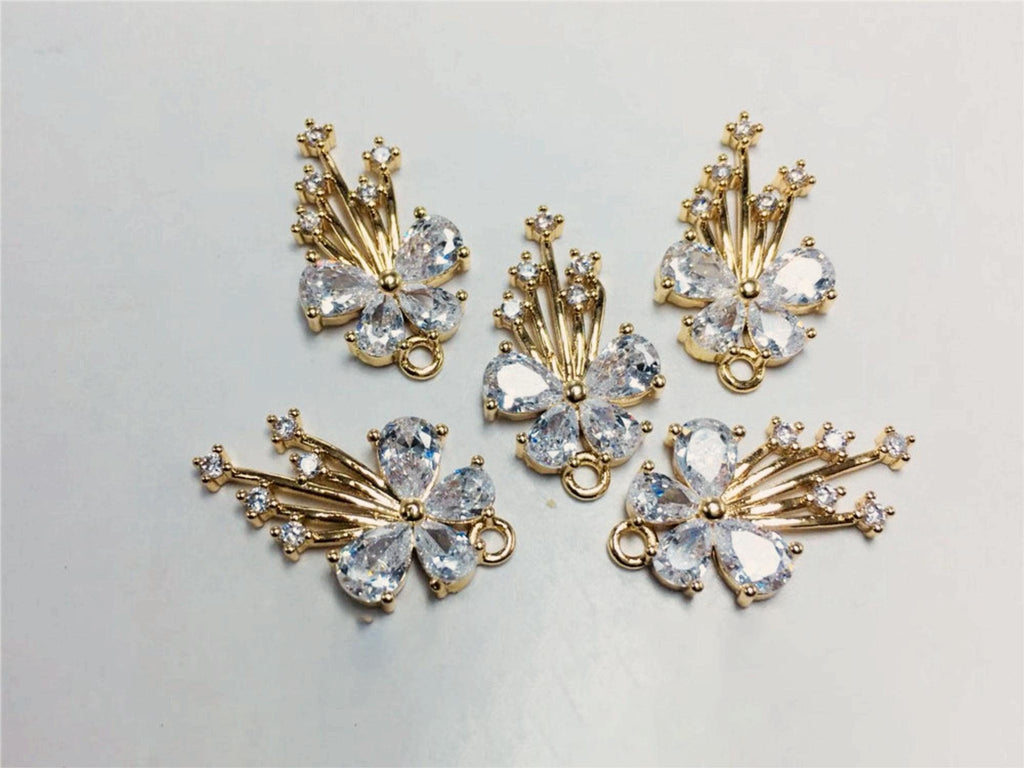 Dije de flor, colgante de flor de cristal de circonita cúbica, dijes para pendientes de circonita cúbica, dijes para pendientes de latón chapado en oro auténtico, accesorios de joyería STG019-F204