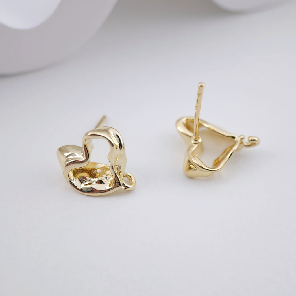 Irregular Heart Shape Post Earrings, Gold Earring Post with Loop, Hypoallergenic, Earring Findings, Handmade Earring Supplies D0046