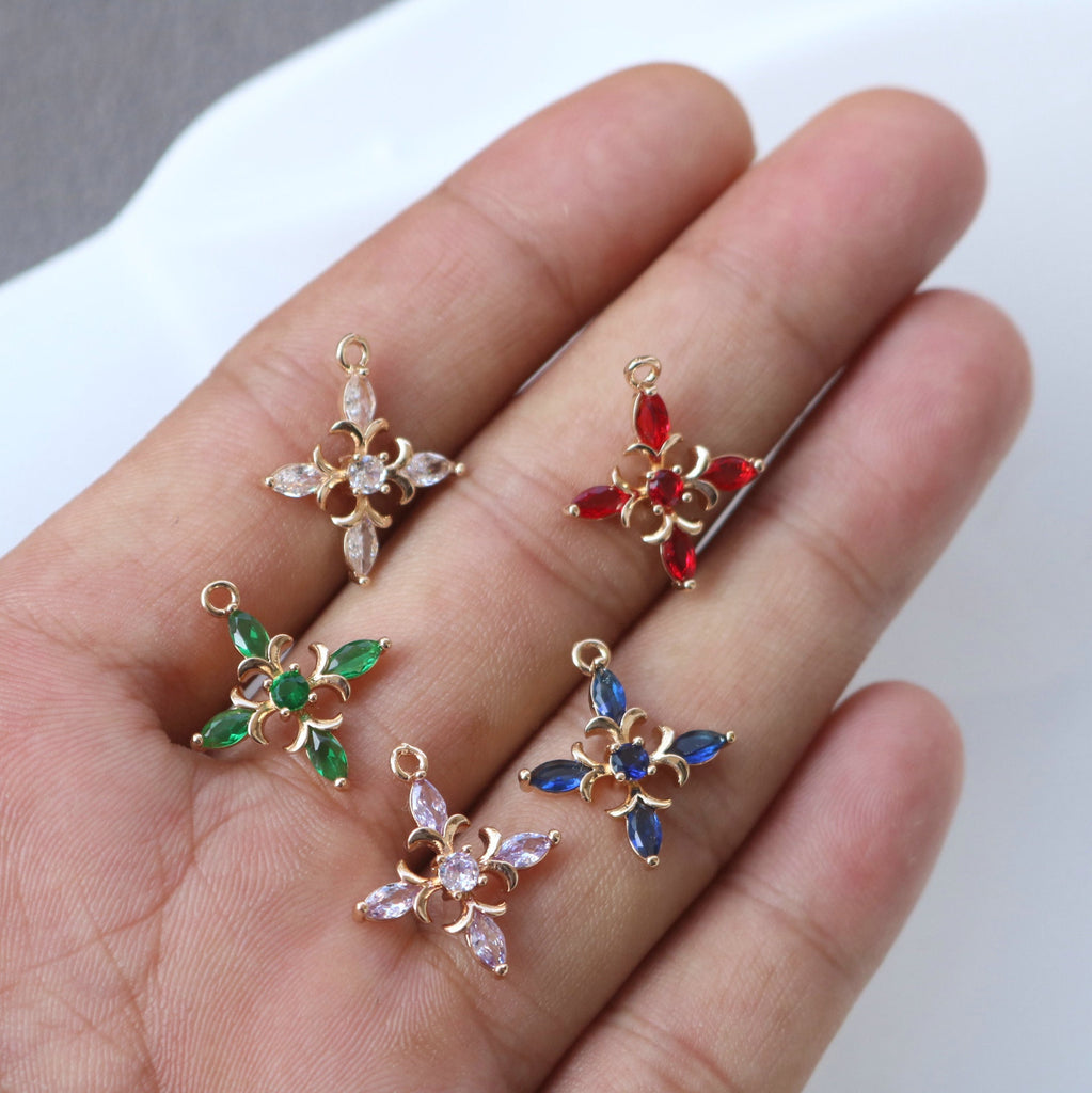 10pcs Cross Flower Charm, Cubic Zircon Crystal Flower Pendant, Real Gold Plated Brass Earring Charms, Jewelry Findings HL089-F116