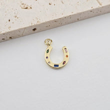 Load image into Gallery viewer, Gold Horseshoe Charm, 18K Gold CZ Pave Pendant, 18K Gold Plated, Rainbow CZ, Jewelry Findings S1281
