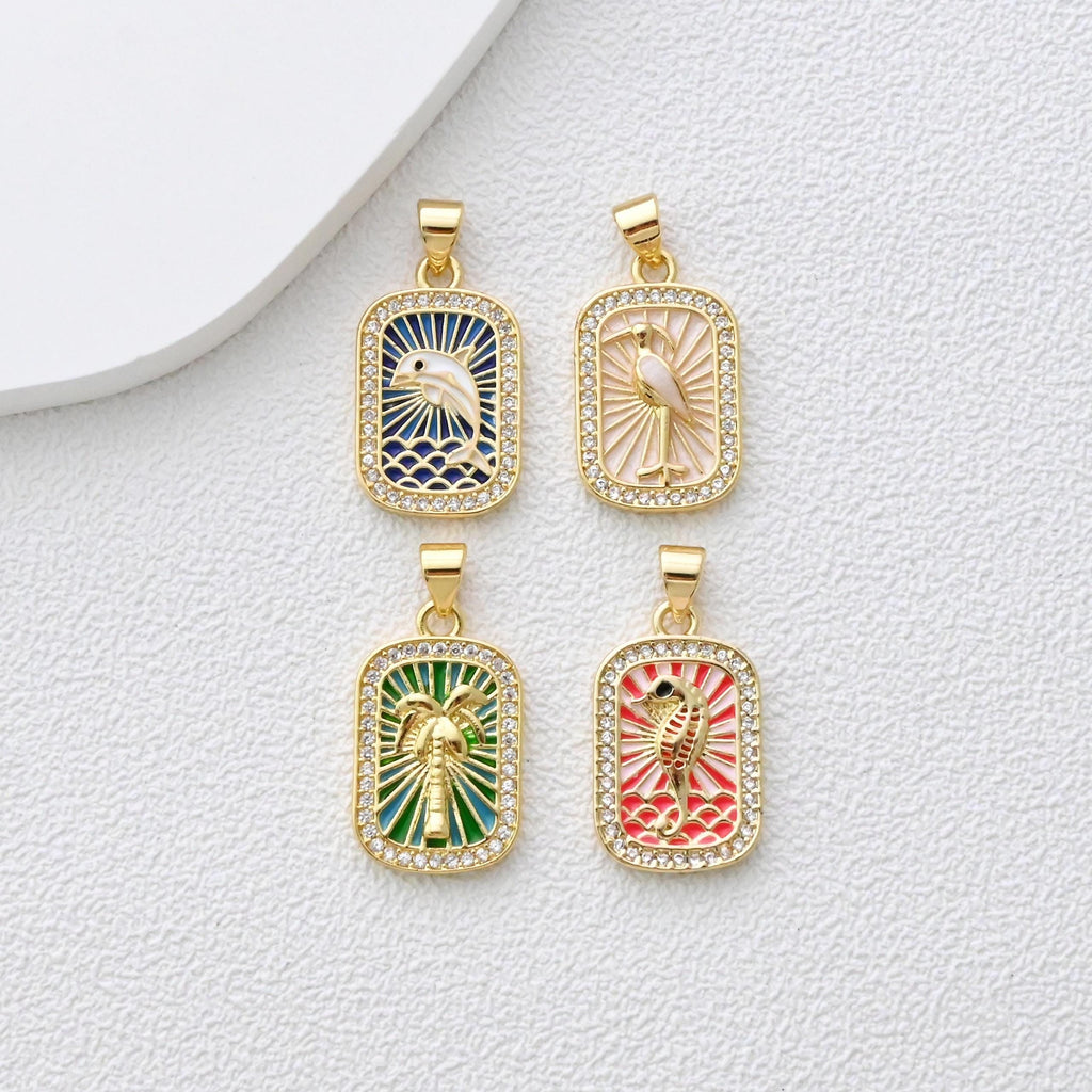 Rectangular Card Charm, Enamel Pendant, 18K Gold Plated, CZ Pave Pendant, Planet Pendant, Necklace Making Charm, Jewelry Findings S1360