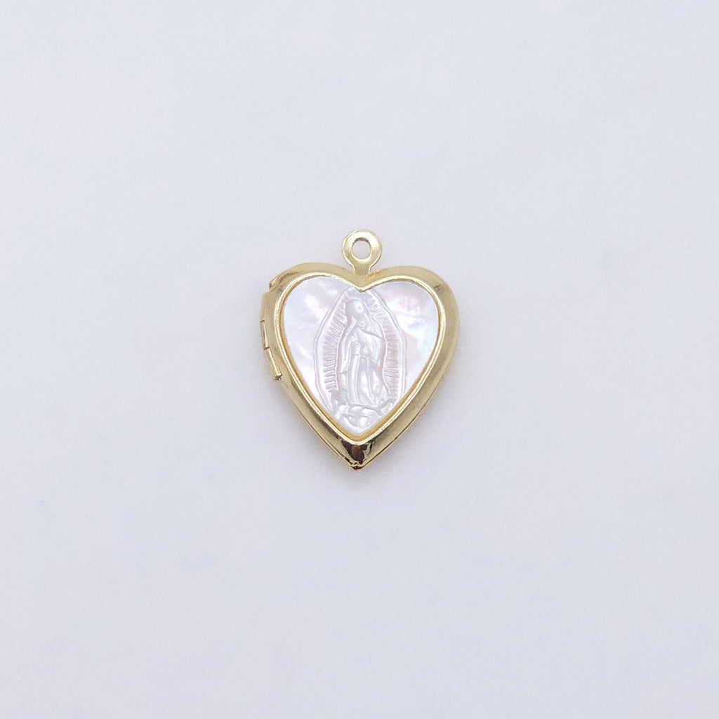 Saint Maria Heart Locket Charm, Religious Pendant, Shell Pave, 18K Gold Plated, Our Lady Pendant, Vintage Necklace Making Charm S20603