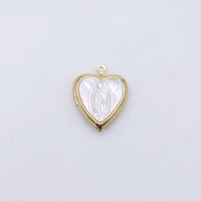 Load image into Gallery viewer, Saint Maria Heart Locket Charm, Religious Pendant, Shell Pave, 18K Gold Plated, Our Lady Pendant, Vintage Necklace Making Charm S20603