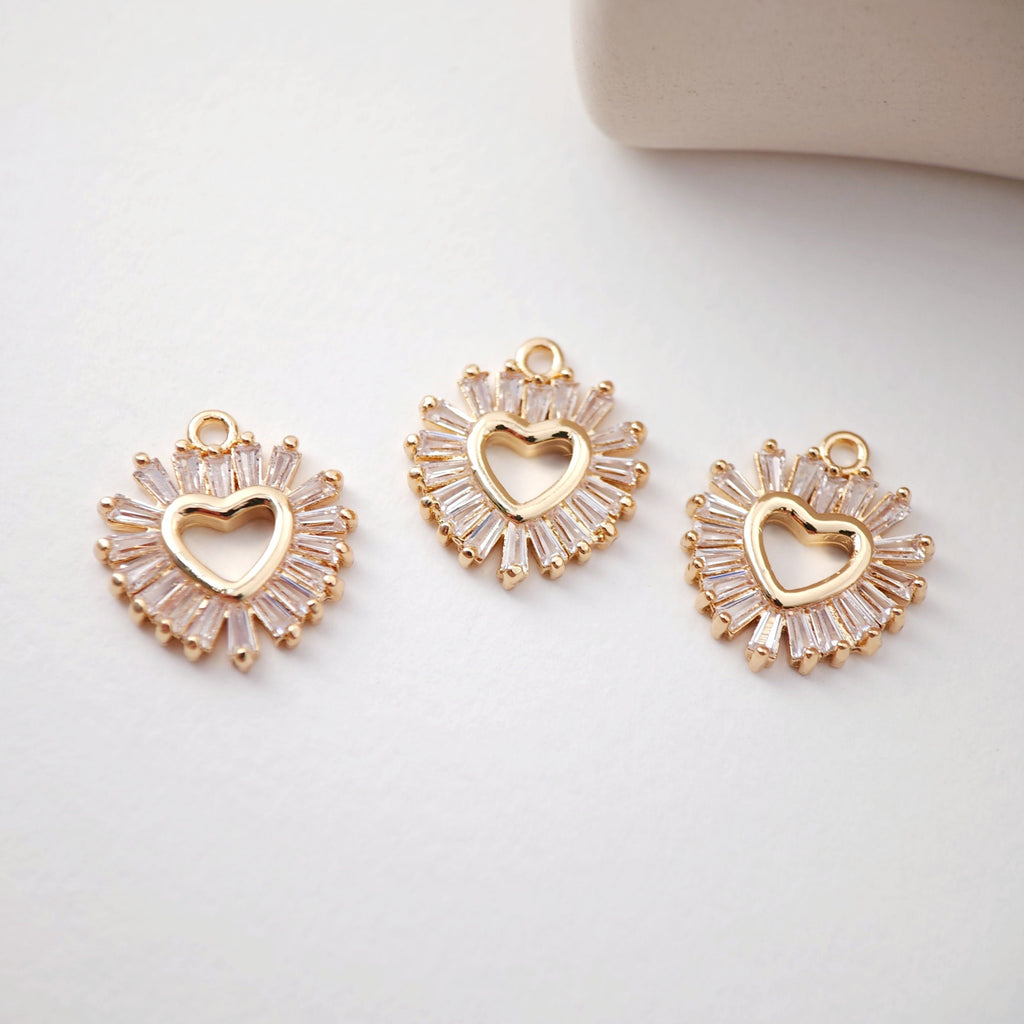 CZ Pave Heart Charm, Cubic Pendant, Earring Connectors, Real Gold Plated Brass Earring Charms, Jewelry Findings D0067