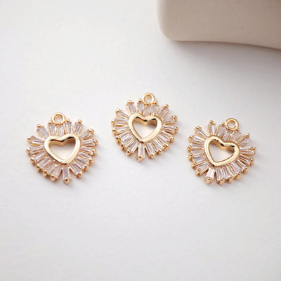 CZ Pave Heart Charm, Cubic Pendant, Earring Connectors, Real Gold Plated Brass Earring Charms, Jewelry Findings D0067