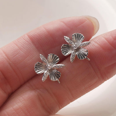 Cubic Zirconia Flower Post Earrings, Gold Plated Earring Post with Loop, Hypoallergenic, Handmade Earring Finding,DIY Earring Supplies GZ765