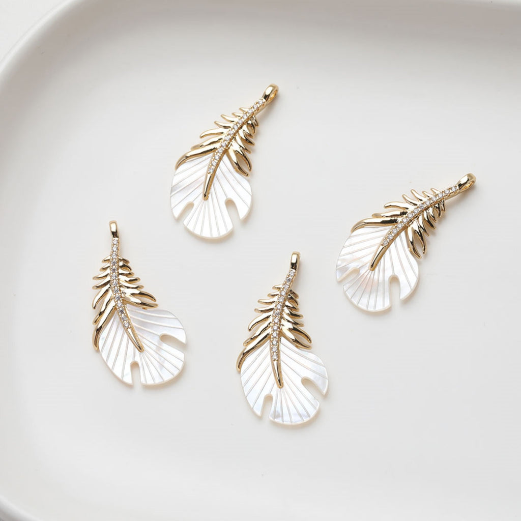 Feather Shell Pendant, Real Gold/Silver Plated, CZ Pave, Jewelry Making Findings GZ533