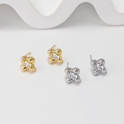 Hammered Flower Earrings Post With Loop, 18K Gold Plated, Nickel Free, S925 Silver Pin, CZ Pave, Hypoallergenic Earring Findings D0410