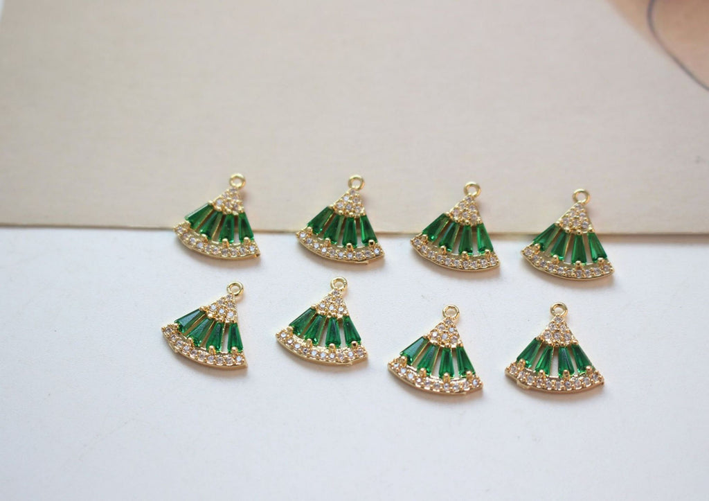 CZ Pave Fan Shape Charm, Cubic Zircon Crystal Fan Connector, CZ Earring Charms, Gold Plated  Earring Charms, Jewelry Findings BB030-F031