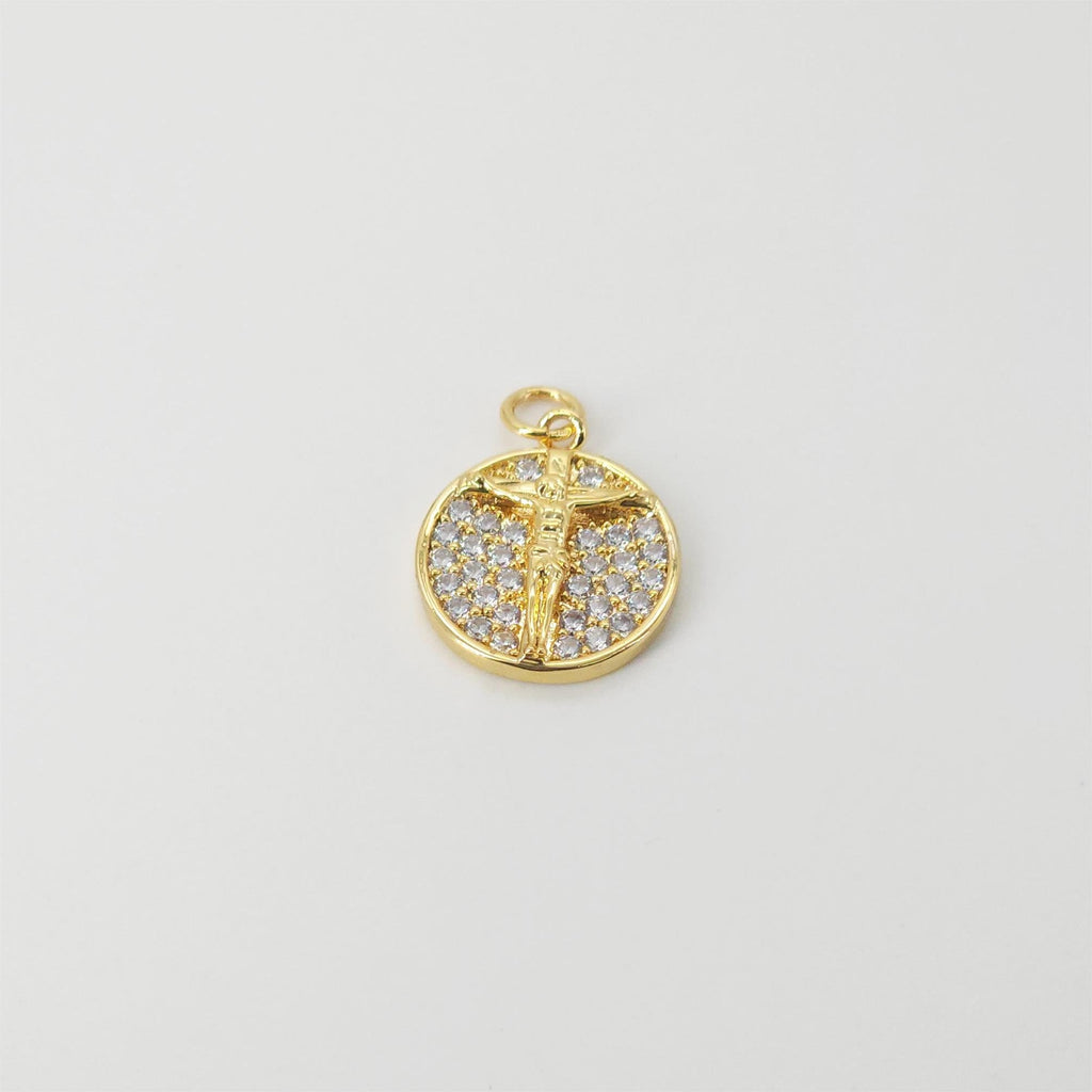 Cross Charm, Coin Pendant, Jesus Charm, 18K Gold Plated CZ Pave Religions Pendant, Necklace Making Charm, Jewelry Findings S20831