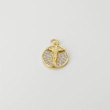 Load image into Gallery viewer, Cross Charm, Coin Pendant, Jesus Charm, 18K Gold Plated CZ Pave Religions Pendant, Necklace Making Charm, Jewelry Findings S20831