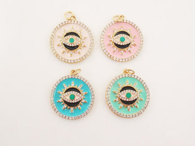 Enamel Cubic Evil Eye Charm, 18K Gold Plated Micro CZ Pave Round Pendant, 21mm, Necklace Making Charm, Jewelry Findings S20229
