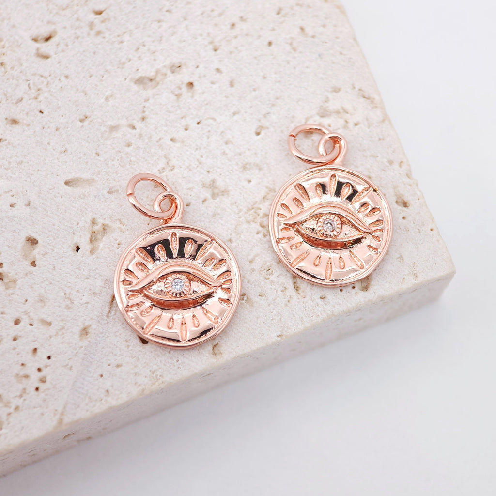 Evil Eye Charms, Evil Eye CZ Pave Pendant, 18K Gold Plated Round Charms, Necklace charms, Jewelry Findings S649
